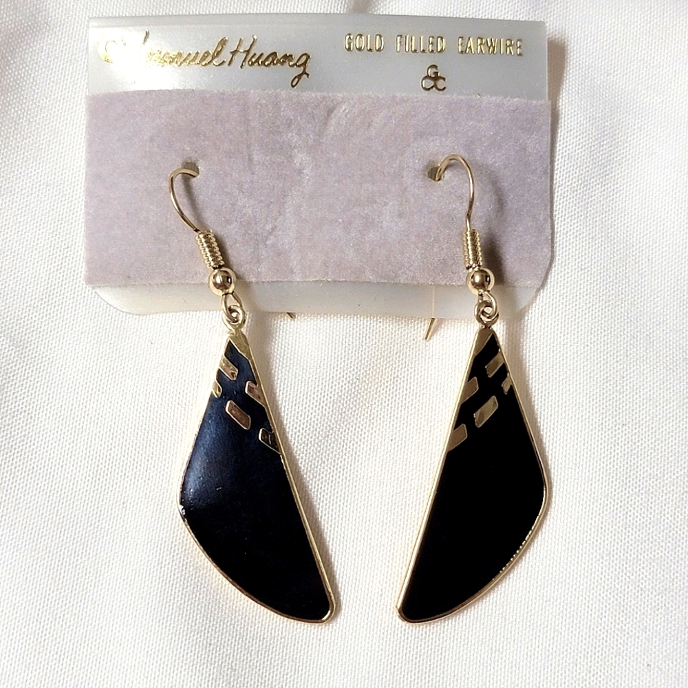 New Vintage Samuel Huang Cloisonne Drop Earrings Gold Filled